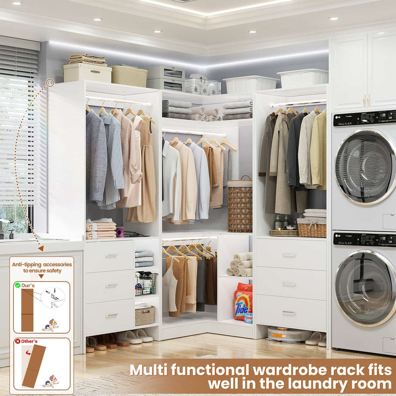 Closet System with 3 Sets, 84.6''Closet Organizer System with 6 Drawers & 4 Hanging Rods, L Shaped Walk-in Closets