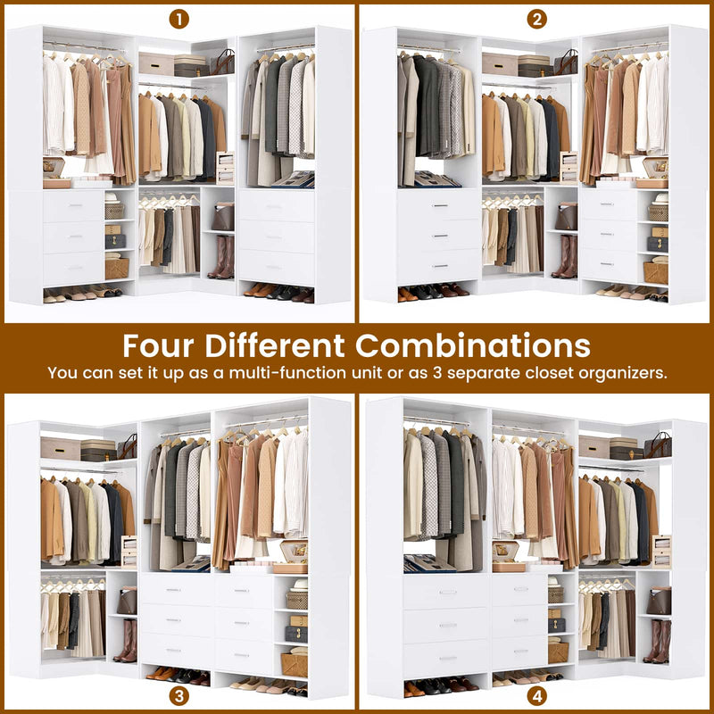 Closet System with 3 Sets, 84.6''Closet Organizer System with 6 Drawers & 4 Hanging Rods, L Shaped Walk-in Closets