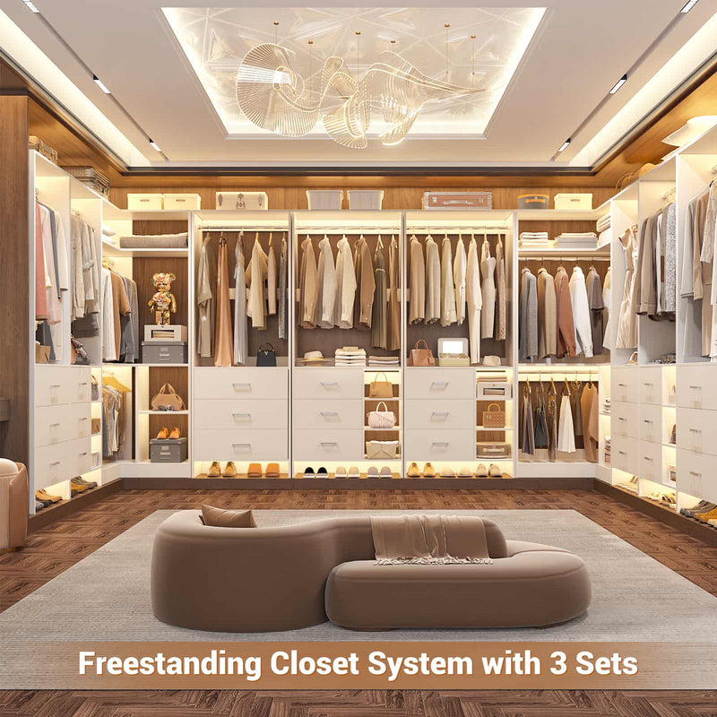 Closet System with 3 Sets, 84.6''Closet Organizer System with 6 Drawers & 4 Hanging Rods, L Shaped Walk-in Closets