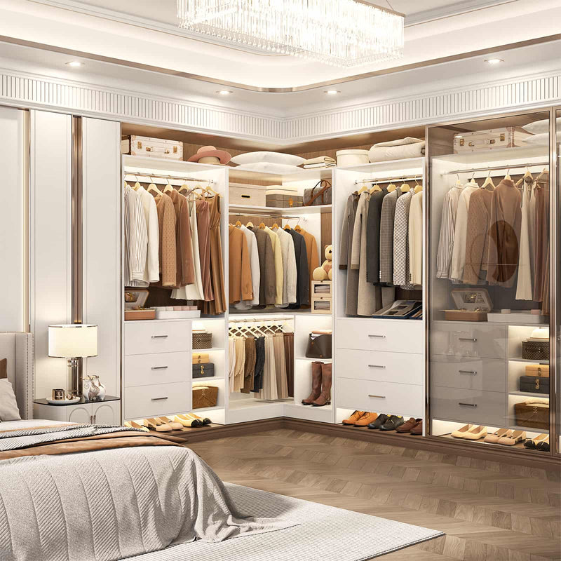 Closet System with 3 Sets, 84.6''Closet Organizer System with 6 Drawers & 4 Hanging Rods, L Shaped Walk-in Closets
