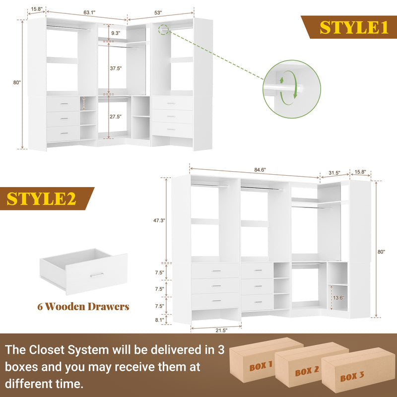 Closet System with 3 Sets, 84.6''Closet Organizer System with 6 Drawers & 4 Hanging Rods, L Shaped Walk-in Closets