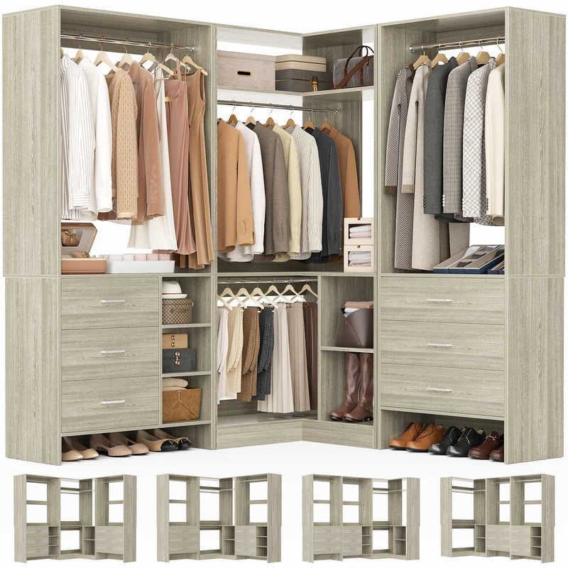 Closet System with 3 Sets, 84.6''Closet Organizer System with 6 Drawers & 4 Hanging Rods, L Shaped Walk-in Closets