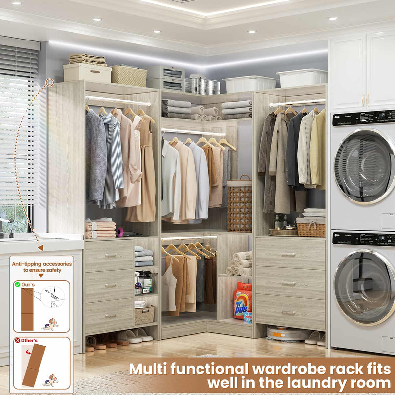 Closet System with 3 Sets, 84.6''Closet Organizer System with 6 Drawers & 4 Hanging Rods, L Shaped Walk-in Closets