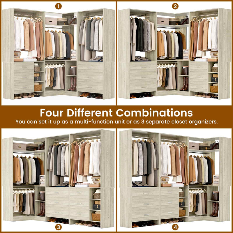 Closet System with 3 Sets, 84.6''Closet Organizer System with 6 Drawers & 4 Hanging Rods, L Shaped Walk-in Closets