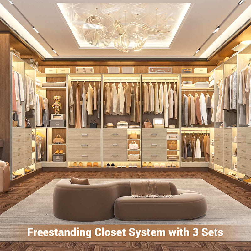 Closet System with 3 Sets, 84.6''Closet Organizer System with 6 Drawers & 4 Hanging Rods, L Shaped Walk-in Closets