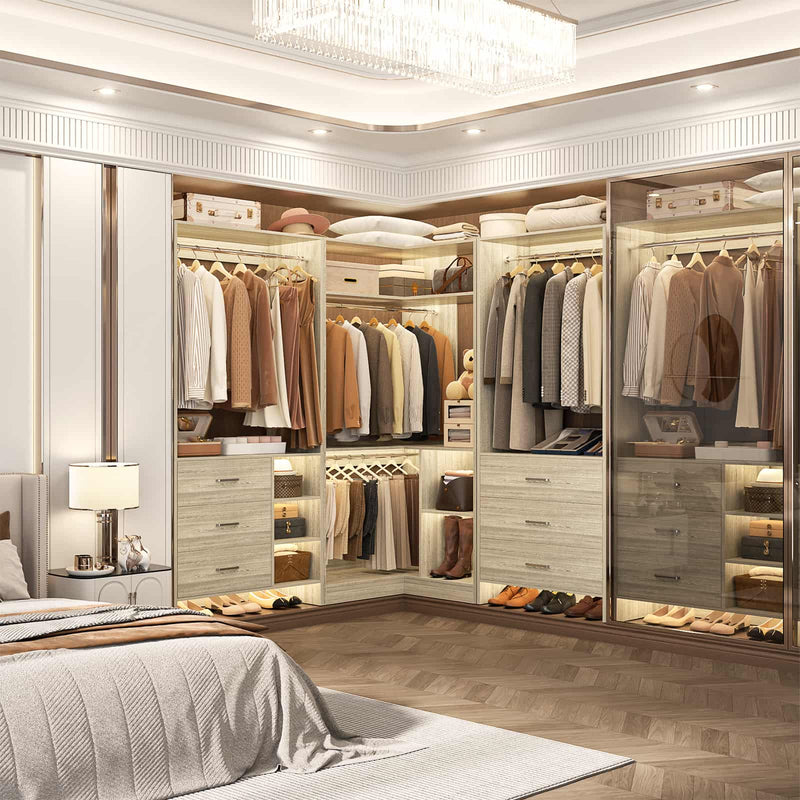Closet System with 3 Sets, 84.6''Closet Organizer System with 6 Drawers & 4 Hanging Rods, L Shaped Walk-in Closets