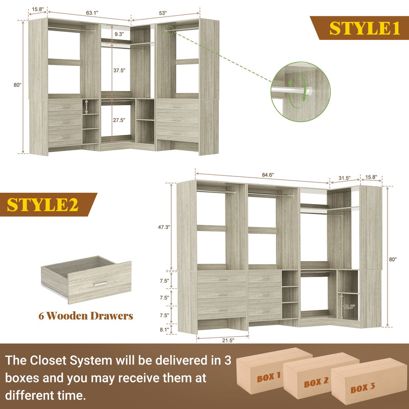 Closet System with 3 Sets, 84.6''Closet Organizer System with 6 Drawers & 4 Hanging Rods, L Shaped Walk-in Closets