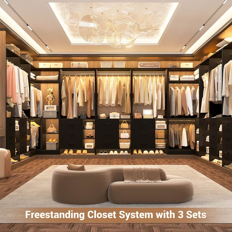 Closet System with 6 Drawers, 4 Hanging Rods & Corner Tower, Set of 3