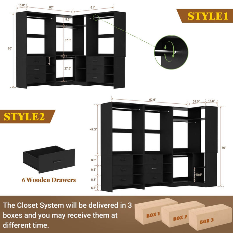 Closet System with 6 Drawers, 4 Hanging Rods & Corner Tower, Set of 3