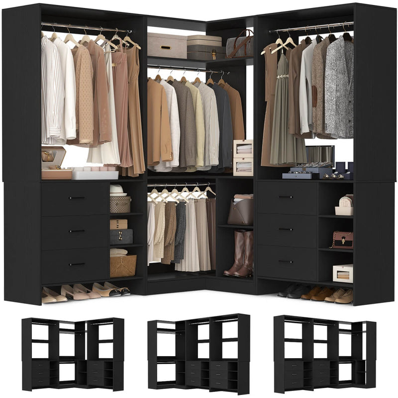 Closet System with 6 Drawers, 4 Hanging Rods & Corner Tower, Set of 3