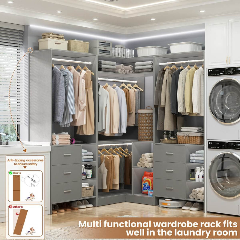 Closet System with 6 Drawers, 4 Hanging Rods & Corner Tower, Set of 3