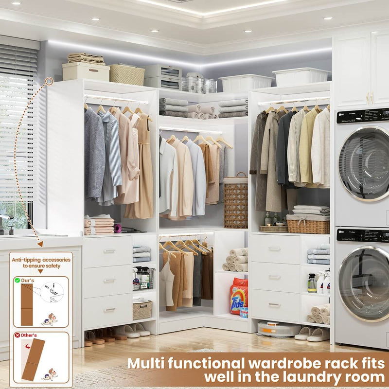 Closet System with 6 Drawers, 4 Hanging Rods & Corner Tower, Set of 3