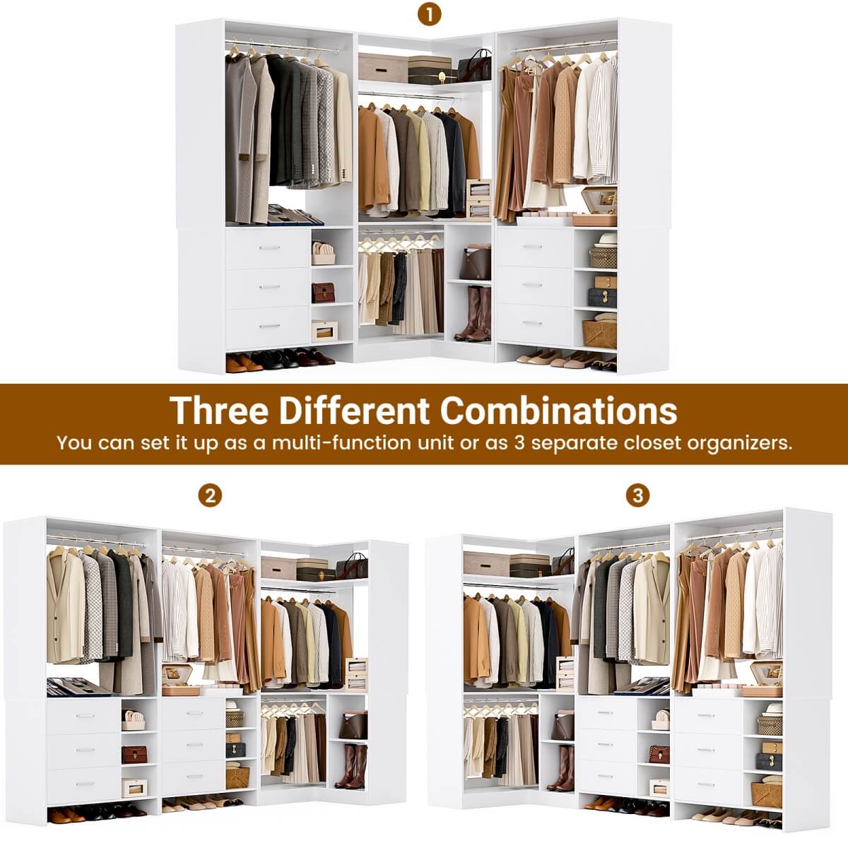 Aheaplus Closet System with 6 Drawers, 4 Hanging Rods & Corner