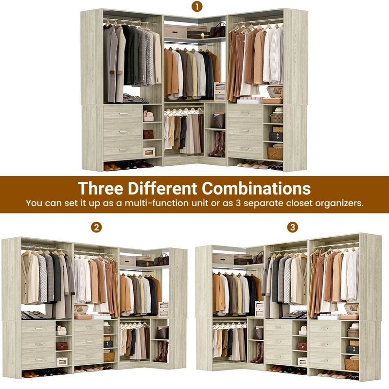Closet System with 6 Drawers, 4 Hanging Rods & Corner Tower, Set of 3
