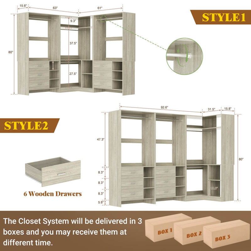 Closet System with 6 Drawers, 4 Hanging Rods & Corner Tower, Set of 3