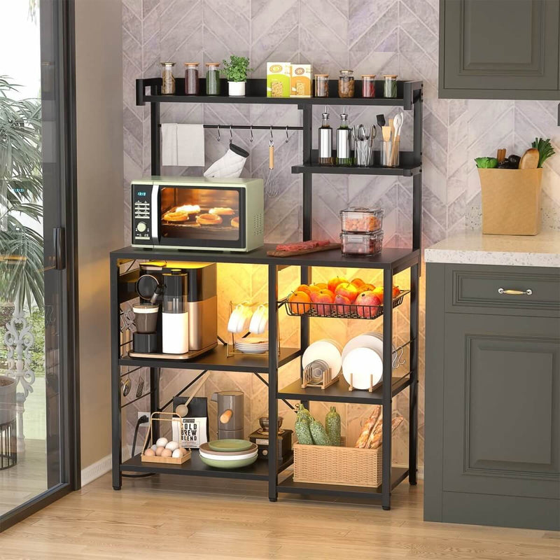 Baker's Rack with Power Outlets, LED Light, Storage Shelves & 10 Metal Hooks