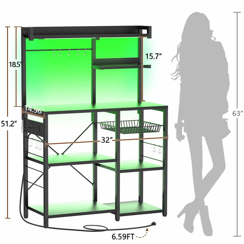 Baker's Rack with Power Outlets, LED Light, Storage Shelves & 10 Metal Hooks