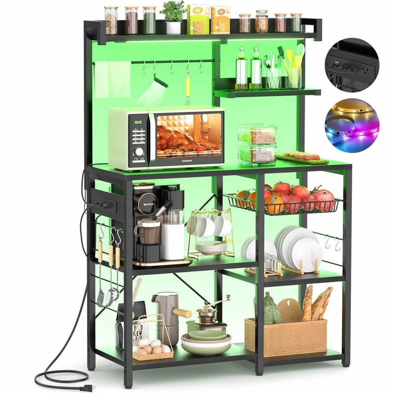 Baker's Rack with Power Outlets, LED Light, Storage Shelves & 10 Metal Hooks