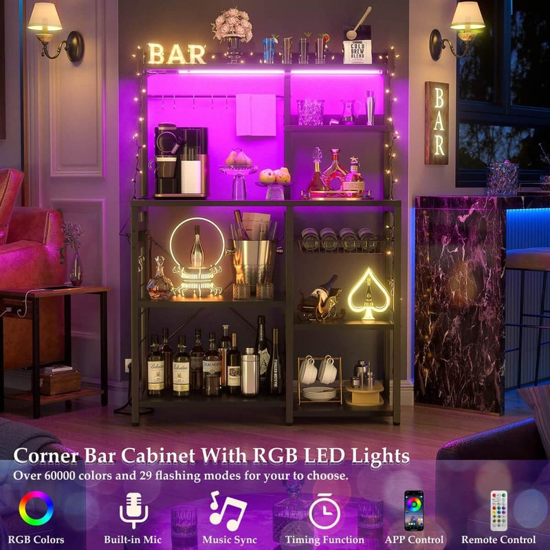 Baker's Rack with Power Outlets, LED Light, Storage Shelves & 10 Metal Hooks