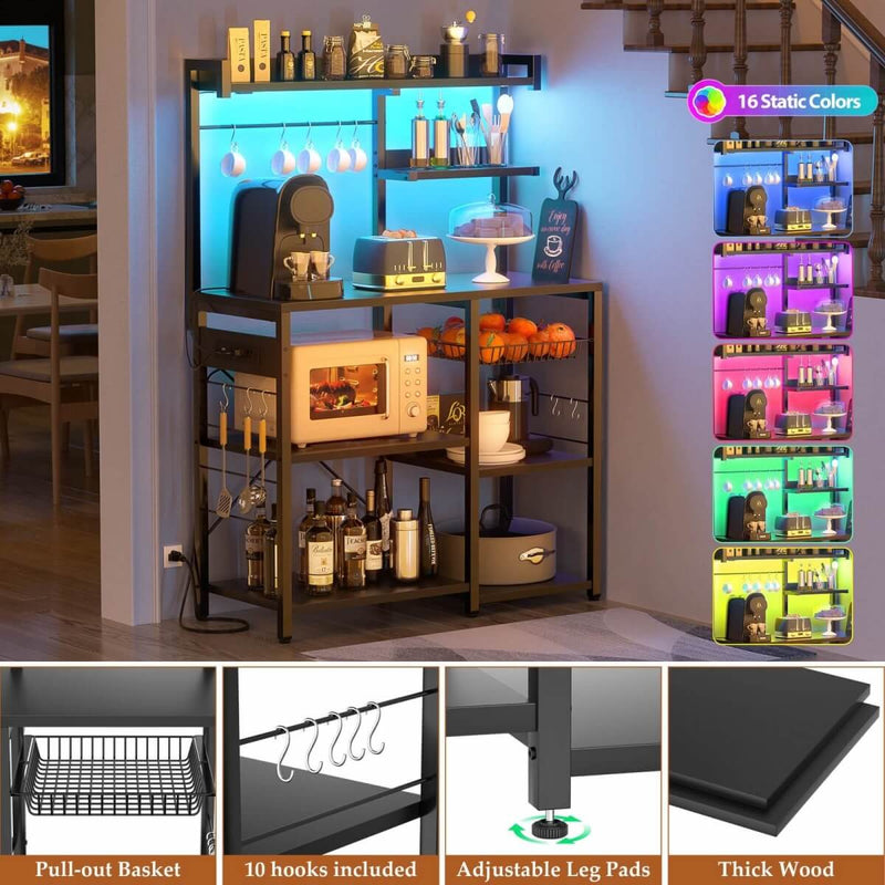 Baker's Rack with Power Outlets, LED Light, Storage Shelves & 10 Metal Hooks