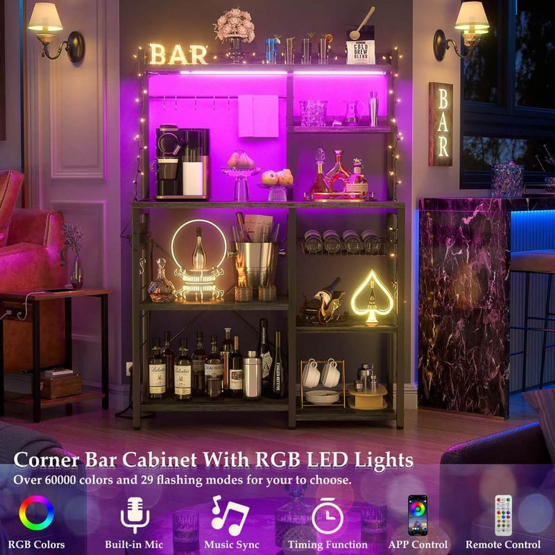 Baker's Rack with Power Outlets, LED Light, Storage Shelves & 10 Metal Hooks