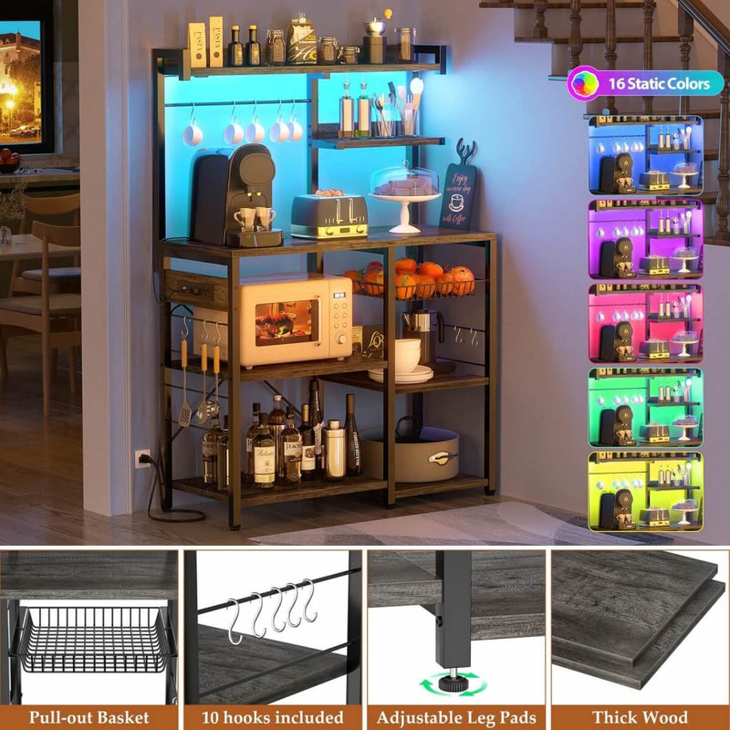 Baker's Rack with Power Outlets, LED Light, Storage Shelves & 10 Metal Hooks