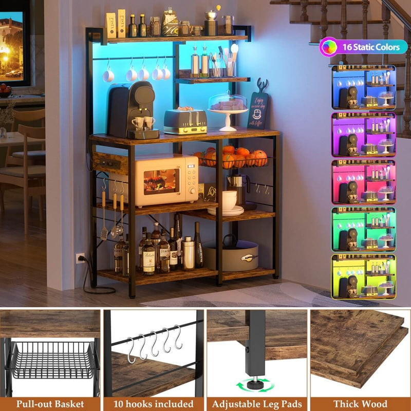 Baker's Rack with Power Outlets, LED Light, Storage Shelves & 10 Metal Hooks
