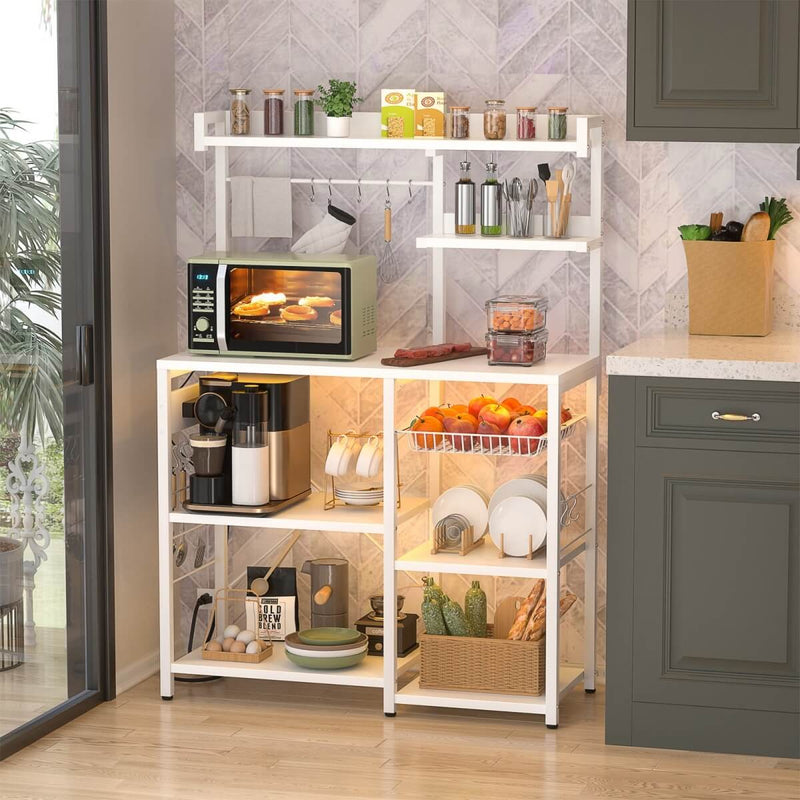 Baker's Rack with Power Outlets, LED Light, Storage Shelves & 10 Metal Hooks