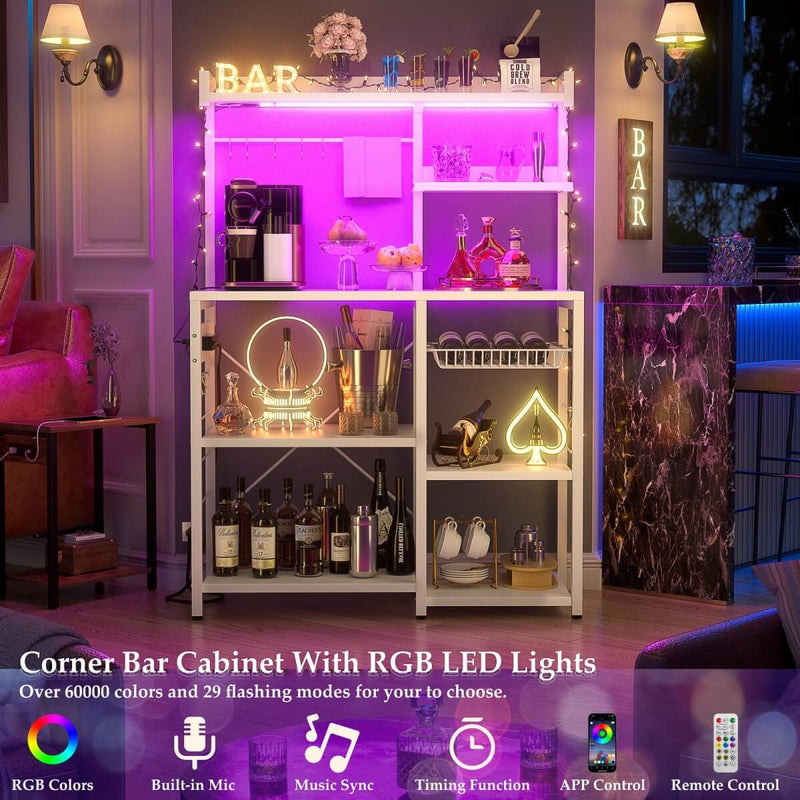 Baker's Rack with Power Outlets, LED Light, Storage Shelves & 10 Metal Hooks