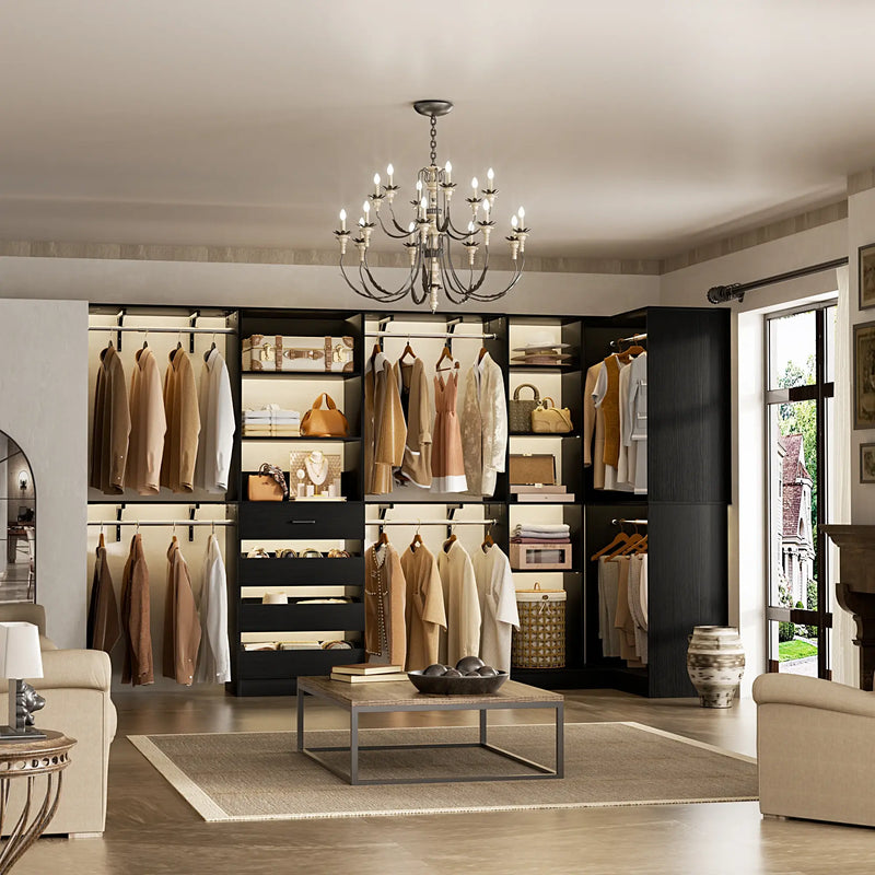 96"-128" L Shaped Freestanding Closet System with Drawers and Shelves