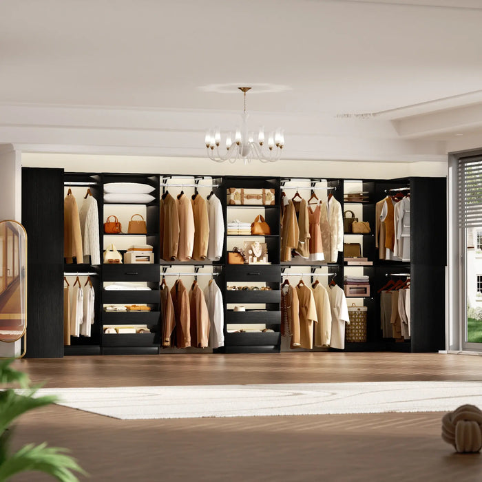 96"-128" L Shaped Freestanding Closet System with Drawers and Shelves