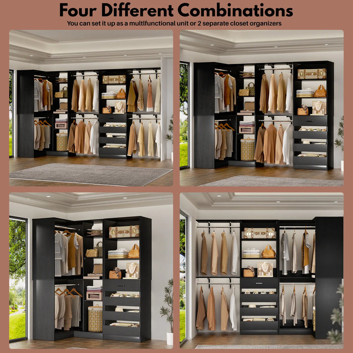 96"-128" L Shaped Freestanding Closet System with Drawers and Shelves