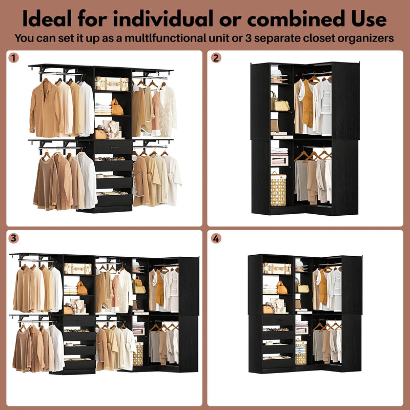 96"-128" L Shaped Freestanding Closet System with Drawers and Shelves