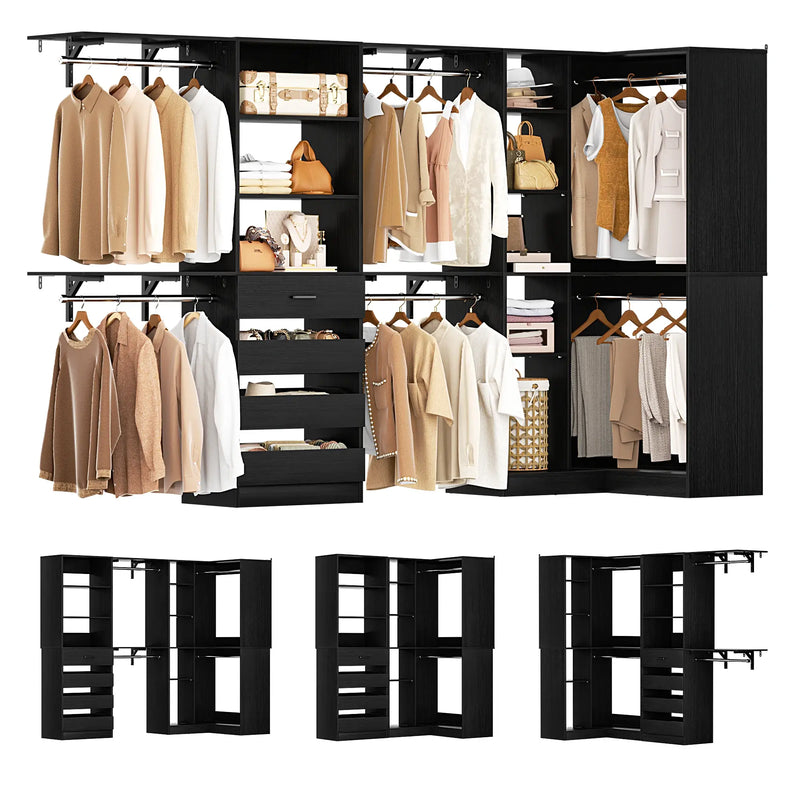 96"-128" L Shaped Freestanding Closet System with Drawers and Shelves