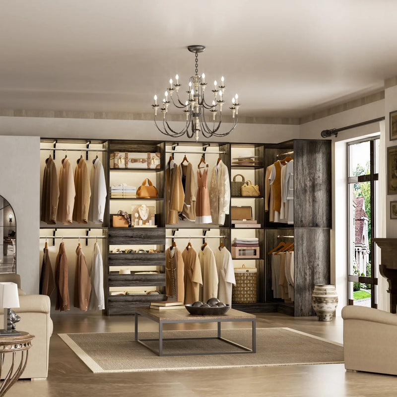 96"-128" L Shaped Freestanding Closet System with Drawers and Shelves