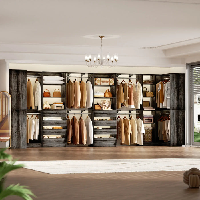 96"-128" L Shaped Freestanding Closet System with Drawers and Shelves