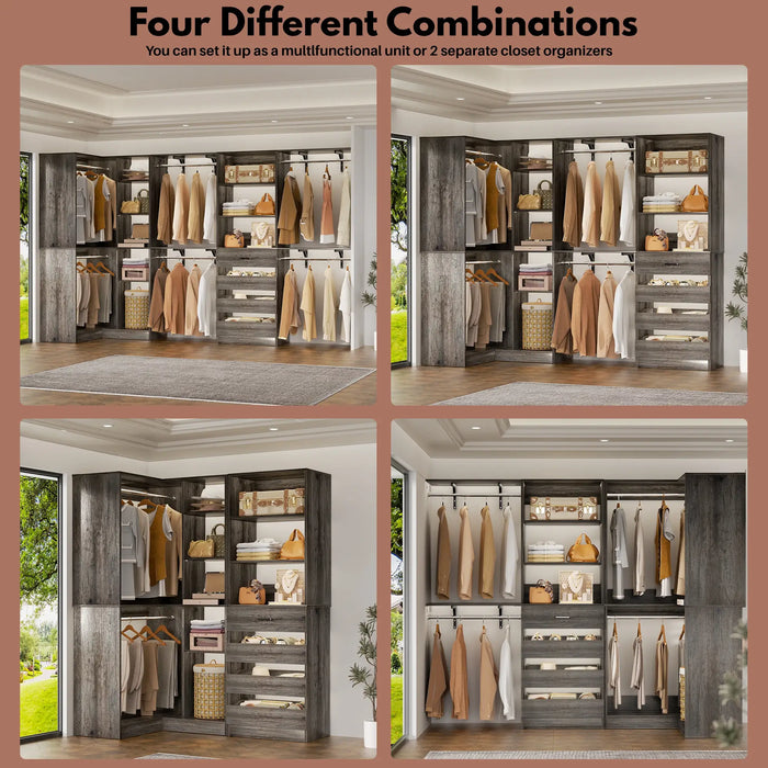 96"-128" L Shaped Freestanding Closet System with Drawers and Shelves