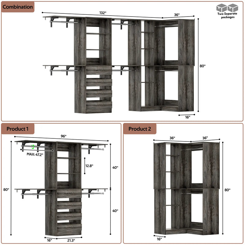 96"-128" L Shaped Freestanding Closet System with Drawers and Shelves
