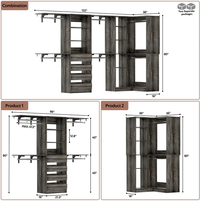 96"-128" L Shaped Freestanding Closet System with Drawers and Shelves