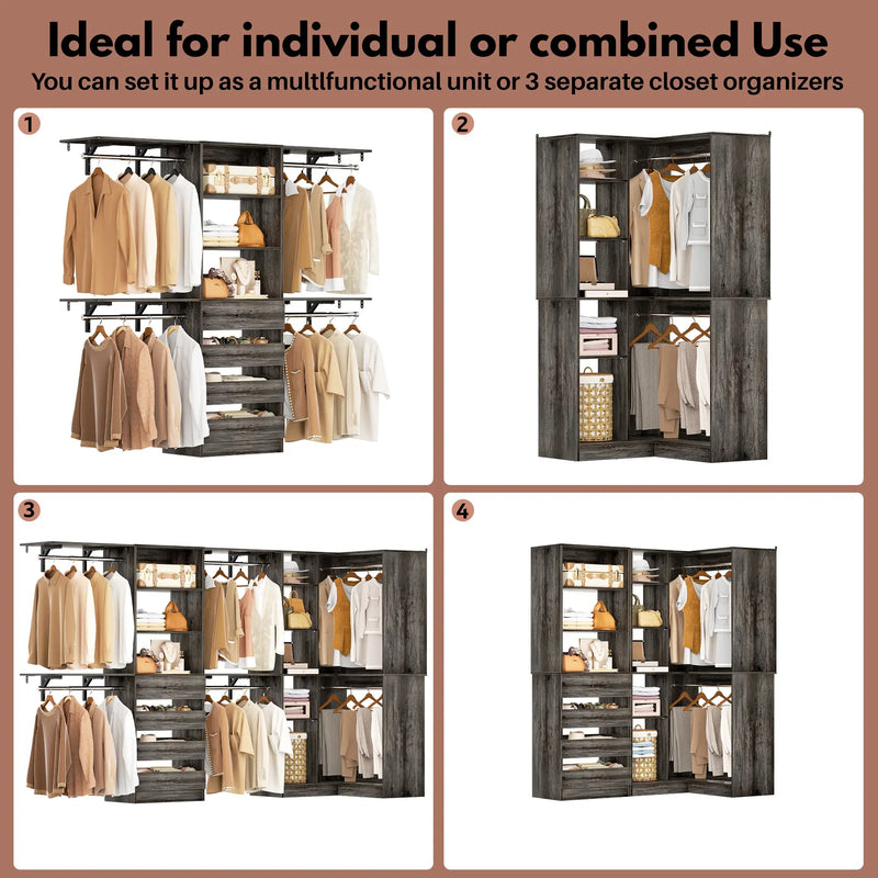 96"-128" L Shaped Freestanding Closet System with Drawers and Shelves