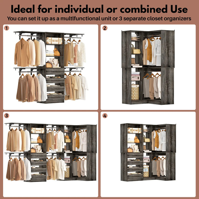 96"-128" L Shaped Freestanding Closet System with Drawers and Shelves