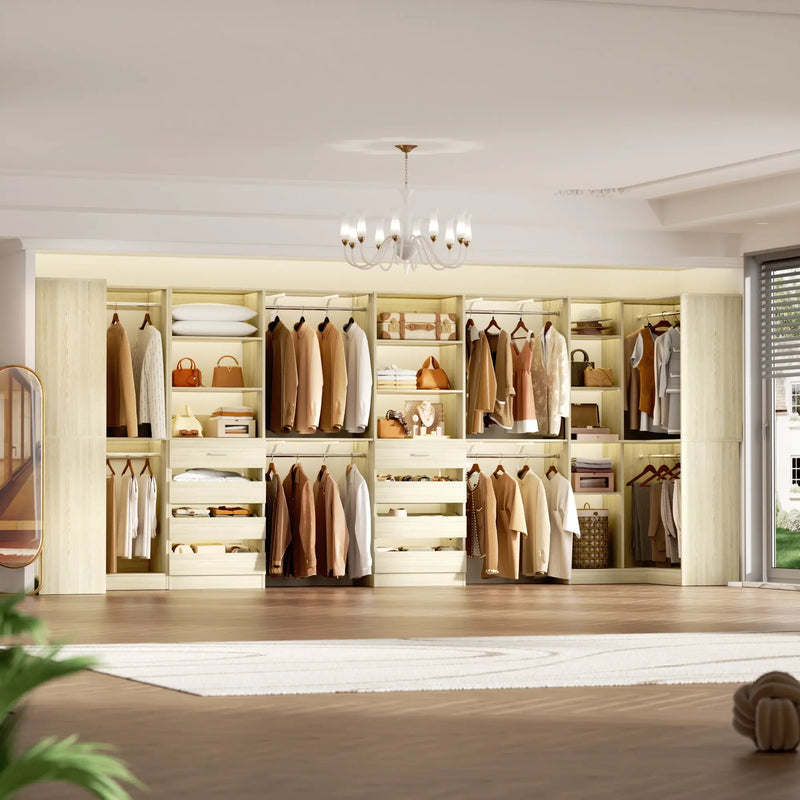 96"-128" L Shaped Freestanding Closet System with Drawers and Shelves