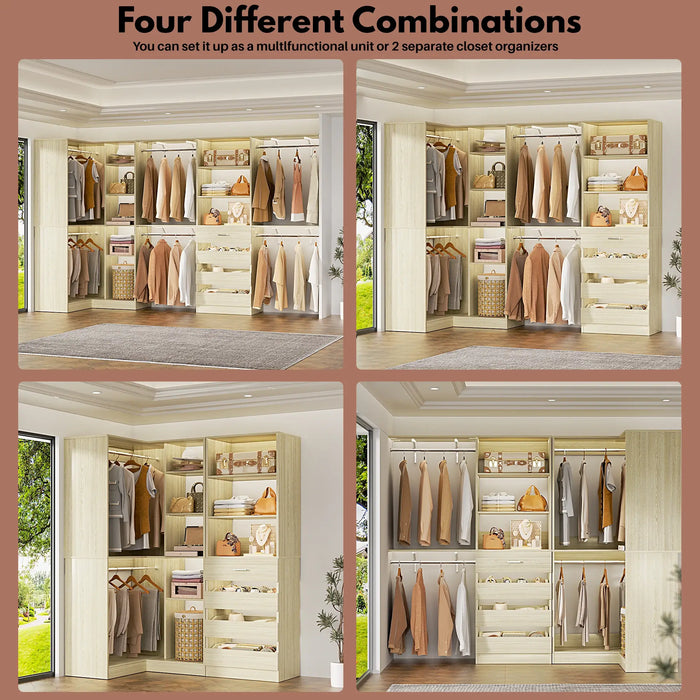 96"-128" L Shaped Freestanding Closet System with Drawers and Shelves