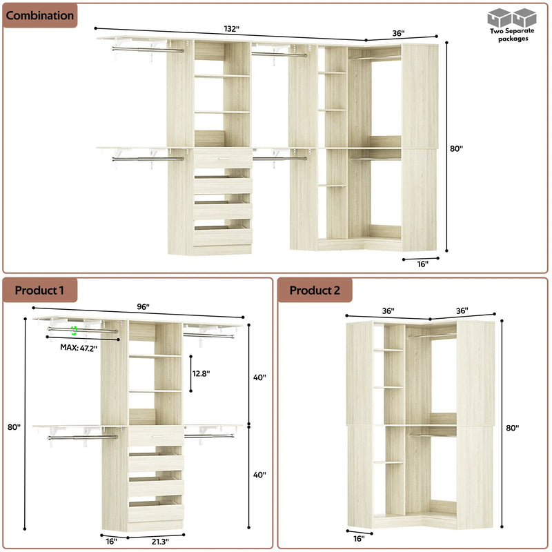 96"-128" L Shaped Freestanding Closet System with Drawers and Shelves