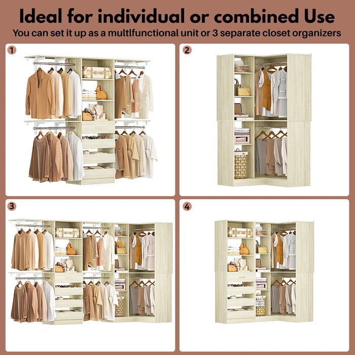 96"-128" L Shaped Freestanding Closet System with Drawers and Shelves