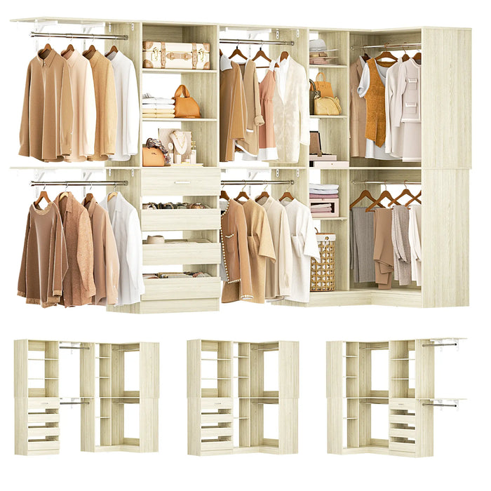 96"-128" L Shaped Freestanding Closet System with Drawers and Shelves