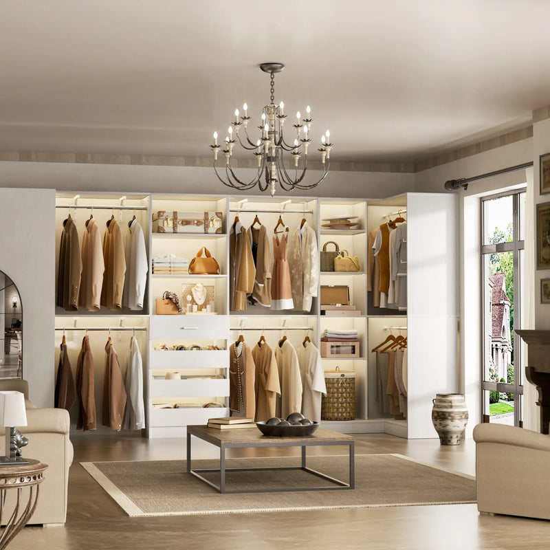 96"-128" L Shaped Freestanding Closet System with Drawers and Shelves