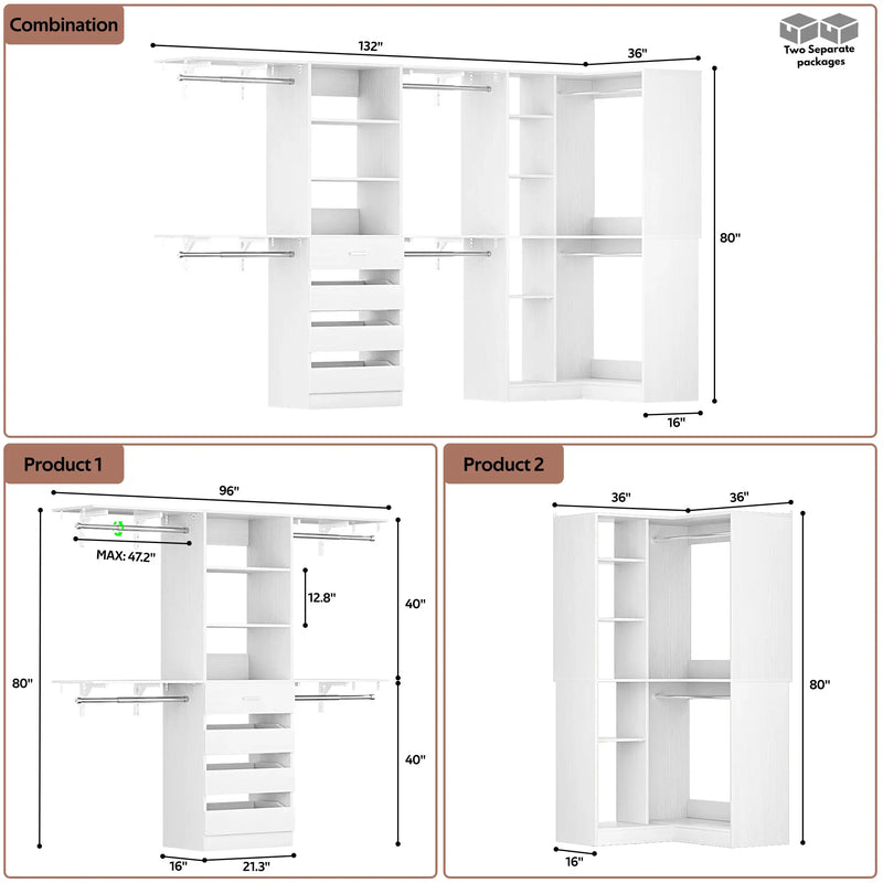 96"-128" L Shaped Freestanding Closet System with Drawers and Shelves