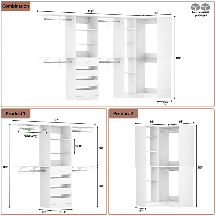 96"-128" L Shaped Freestanding Closet System with Drawers and Shelves