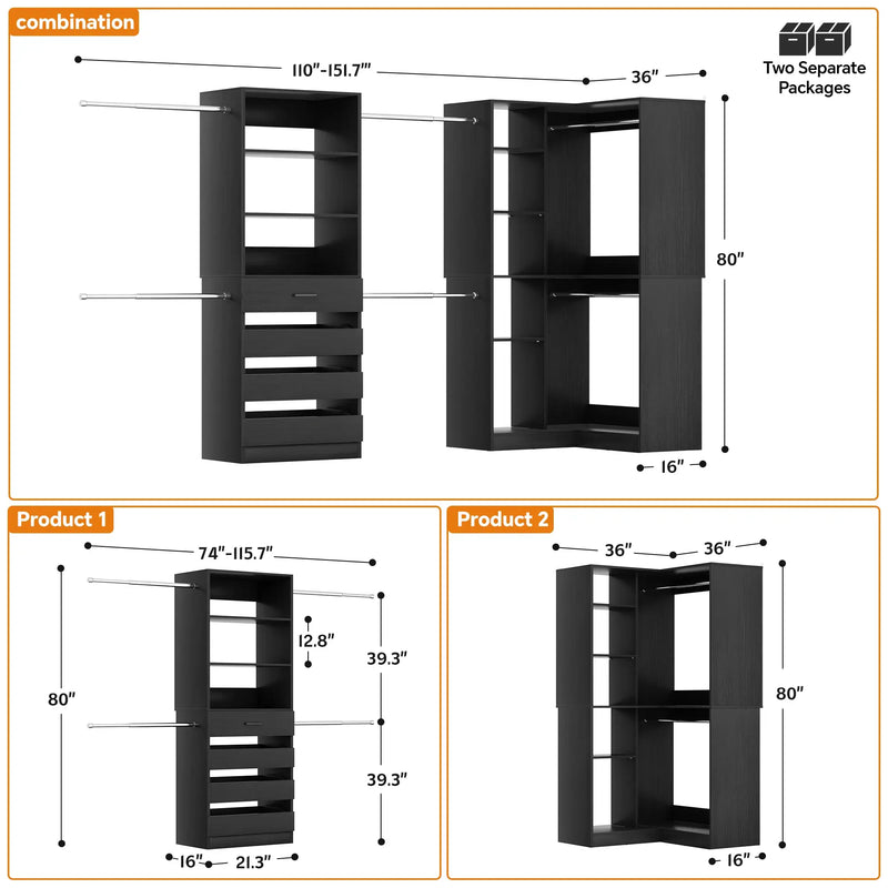 58"-152" Adjustable Freestanding Closet System with Drawers and Shelves, 2 Pack